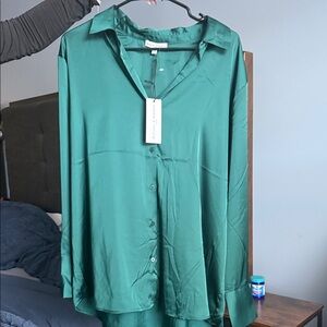 Emerald Satin Button-Down Blouse - Lightweight Relaxed Fit